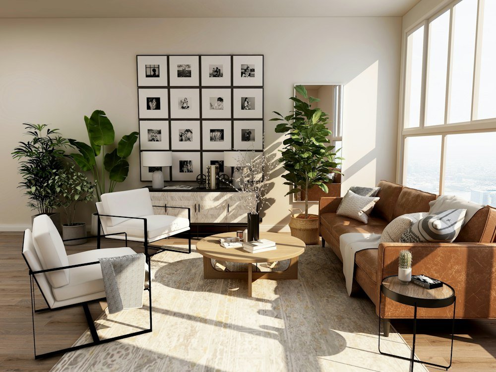 Warm contemporary interior with natural textures and sculptural furniture